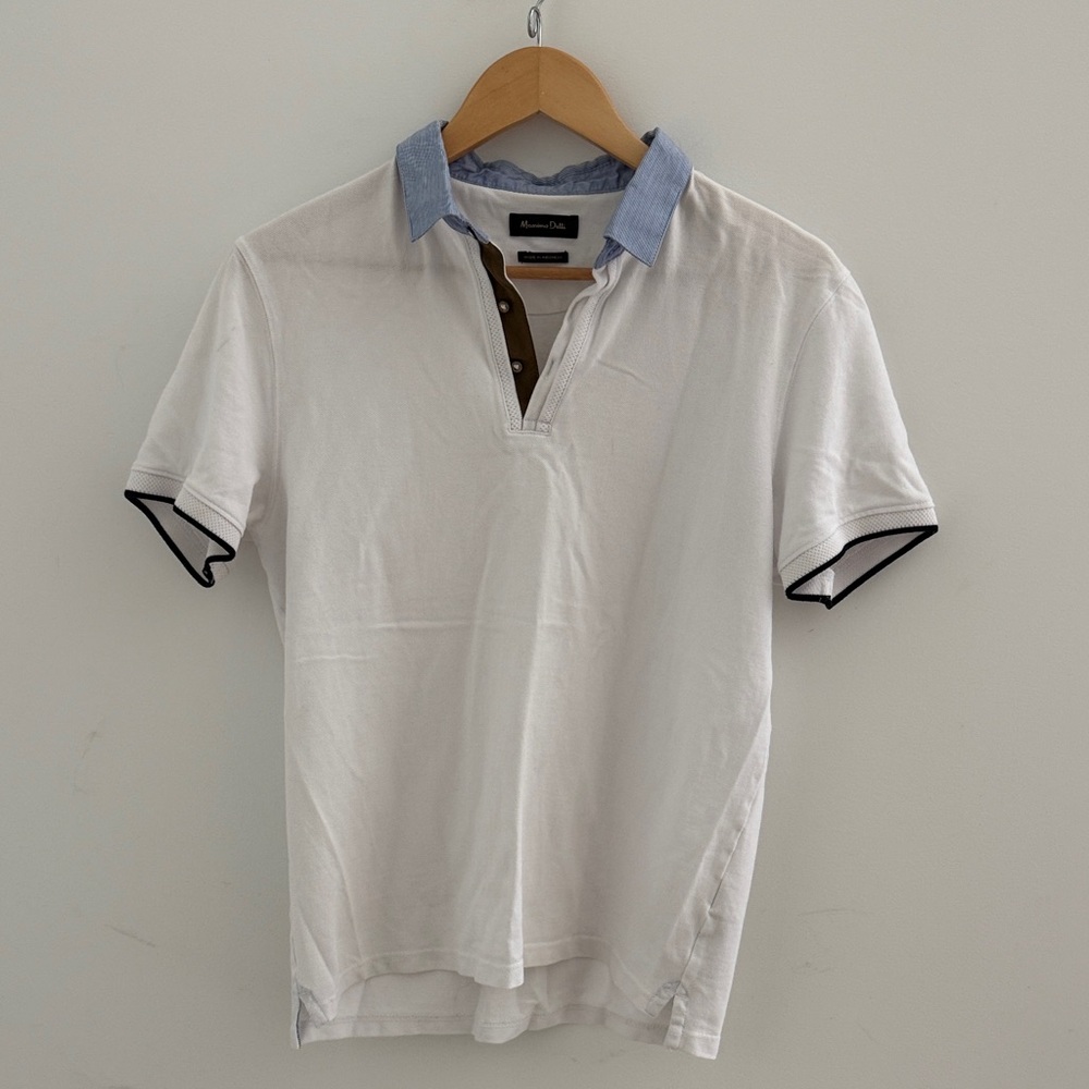 Massimo Dutti White Polo with Blue and Black Trim - pre-loved in great shape